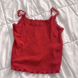 red crop top with lace around